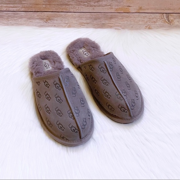 UGG Women’s Pearle Embossed Logo Stormy Grey Suede Slippers - Picture 2 of 8